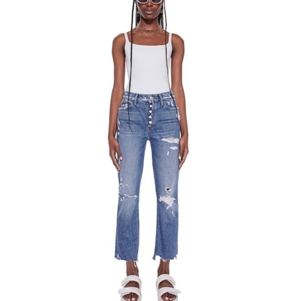 MOTHER Distressed Mid-Blue Cropped Straight Jeans